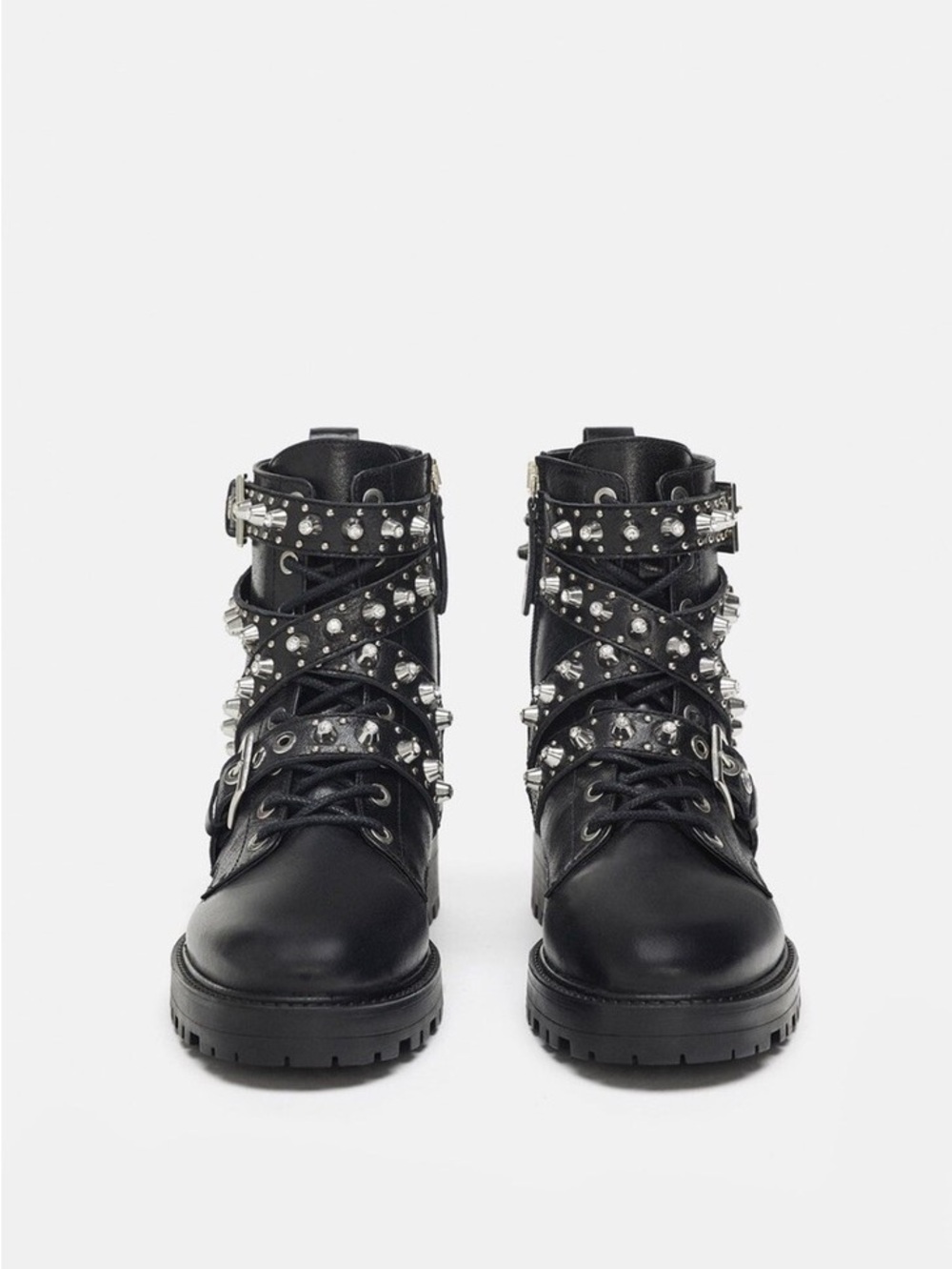 Zara Black Studded Leather Combat Boots New without tags - Picture 2 of 5